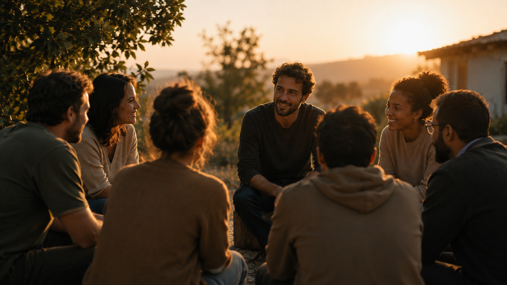 Pessoas reunidas em círculo ao ar livre, conversando ao entardecer
